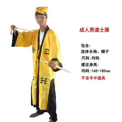 Yellow Taoist costume with black trim and hat