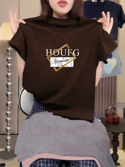 Women's Printed T-Shirt, Short Sleeve, High Neck