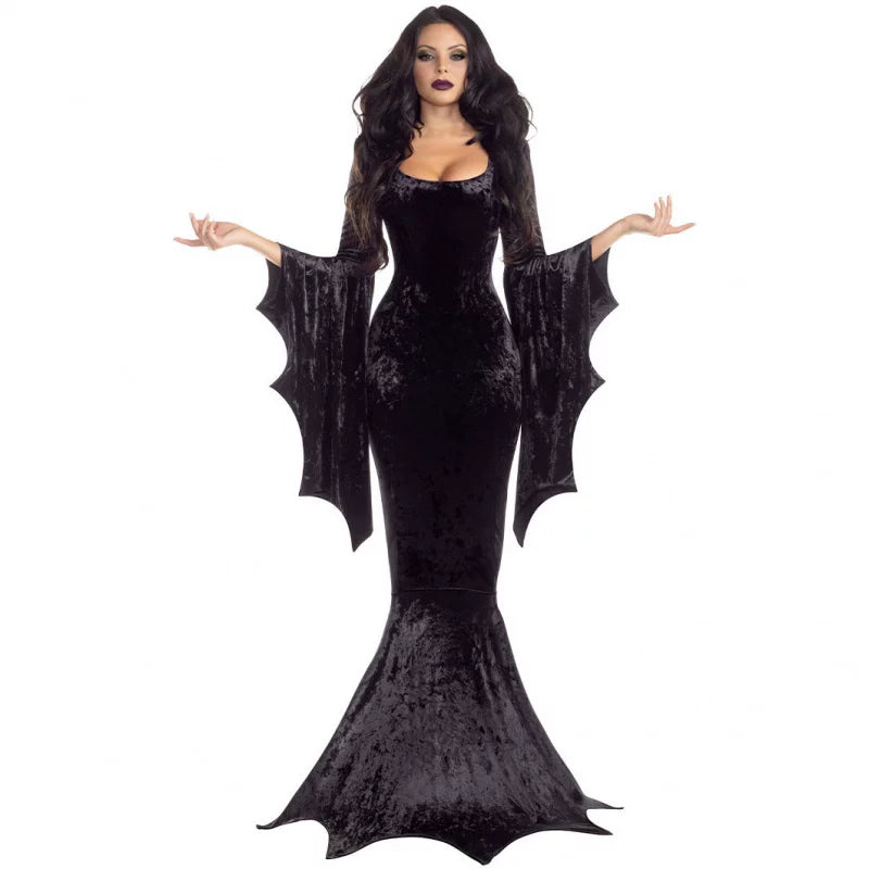 Black Gothic Floor-Length Dress with Wing Sleeves