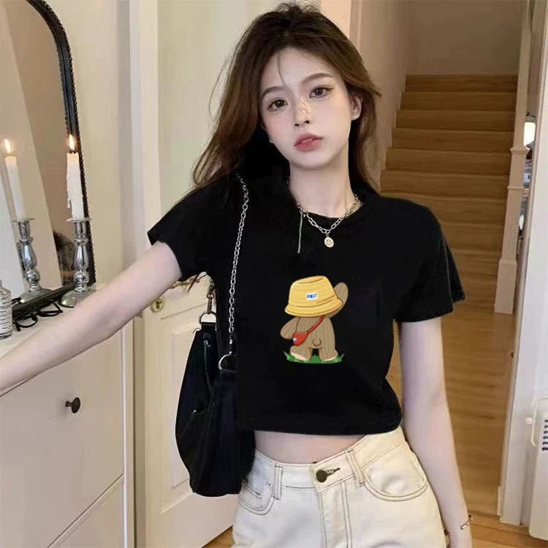 Women's black cropped T-shirt with print