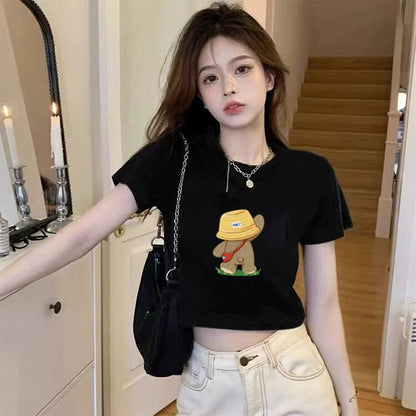 Women's black cropped T-shirt with print