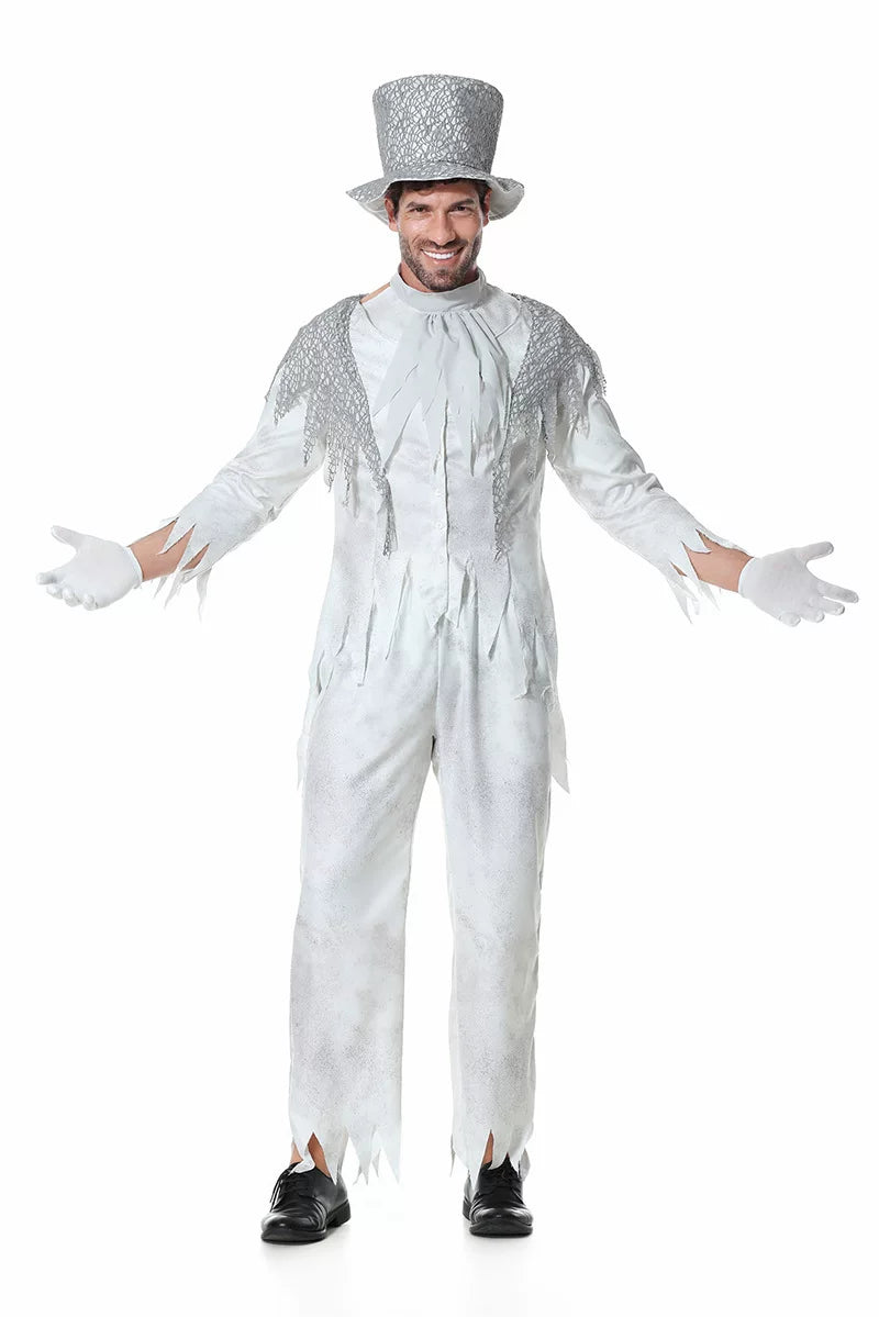 Theatrical Ghost Costume with Top Hat and Gloves