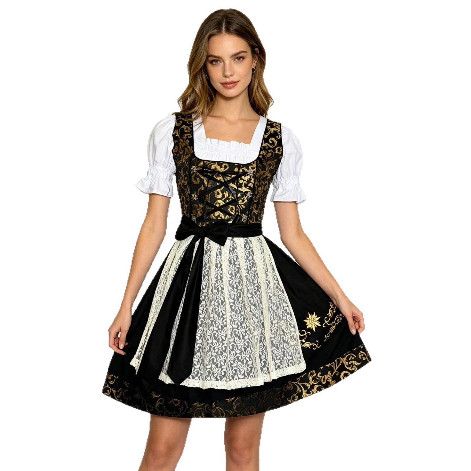 Dirndl Dress with Apron, Black and Gold, S–XXXL