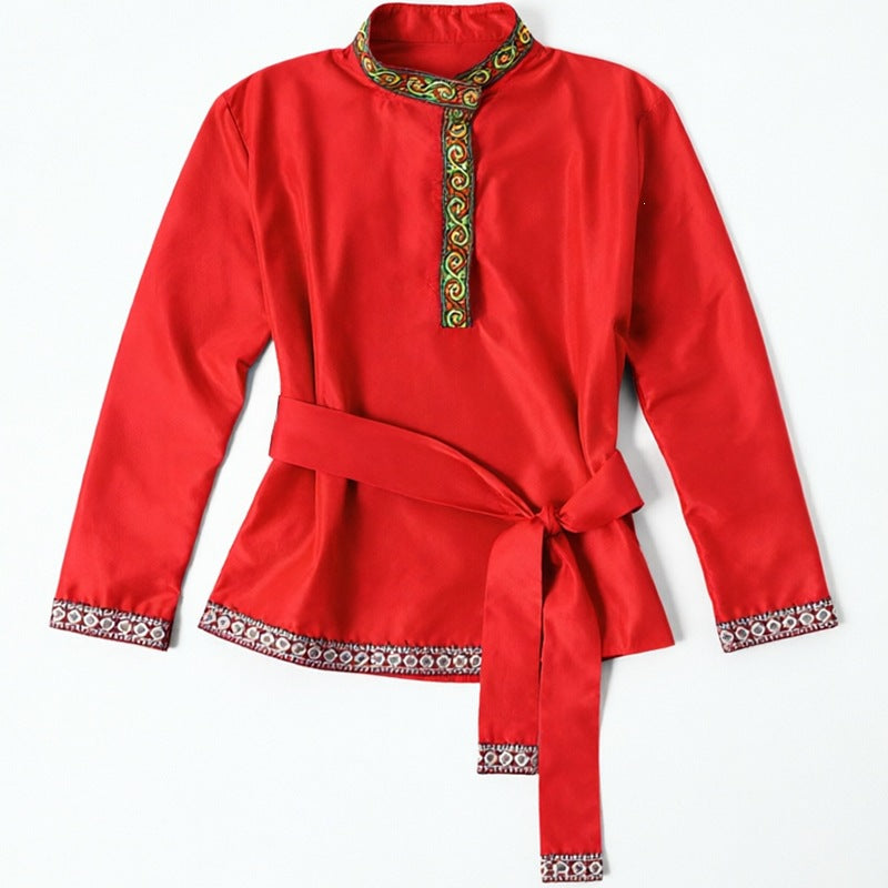Red Tunic with Ornament, Stand-Up Collar, and Belt