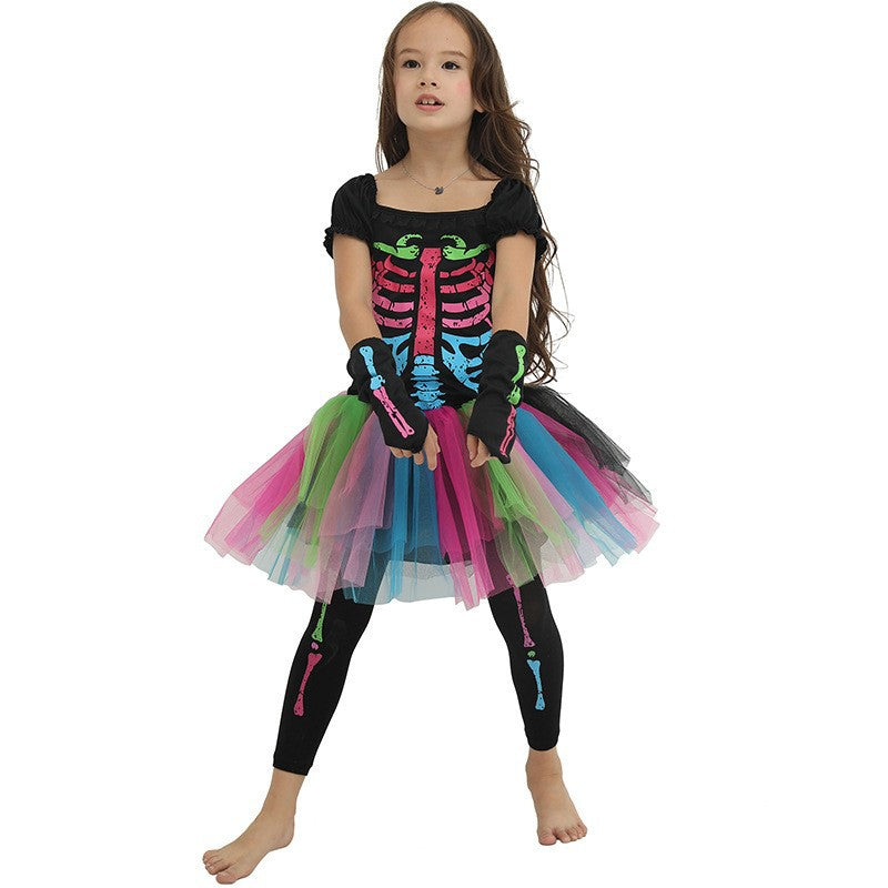 Skeleton costume with a multicolored skirt