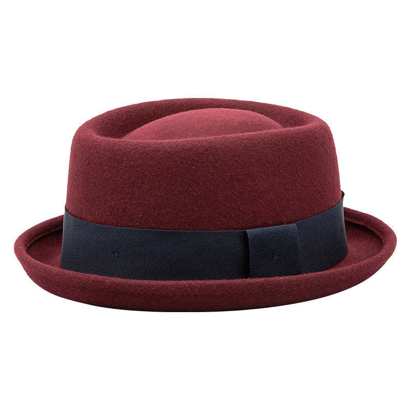 Burgundy carnival fedora hat with a dark band