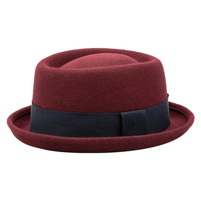 Burgundy carnival fedora hat with a dark band