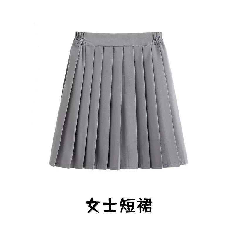 Gray Pleated Short Skirt with Elastic Waistband