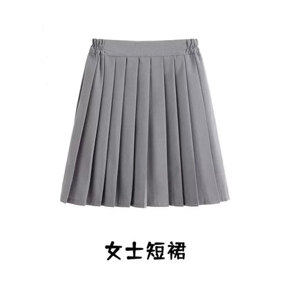Gray Pleated Short Skirt with Elastic Waistband