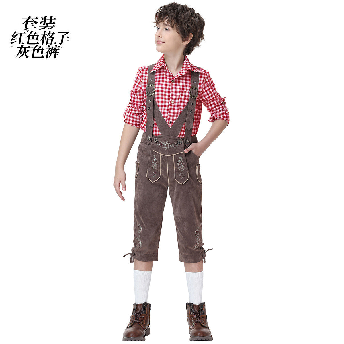 Alpine-style outfit: plaid shirt and pants