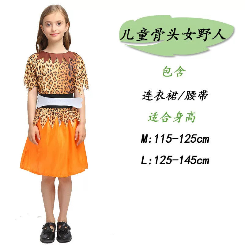 Kids' Caveperson Costume with Leopard-Print Top