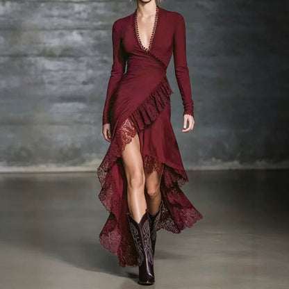 Burgundy lace ruffle maxi dress, walking view