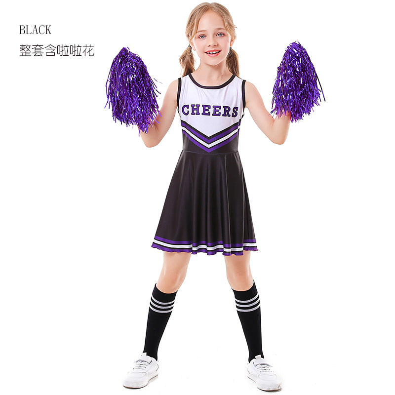 Cheerleading costume with pom-poms, dress, and leg warmers