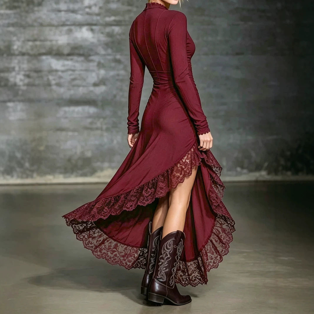 Burgundy lace ruffle maxi dress, back view