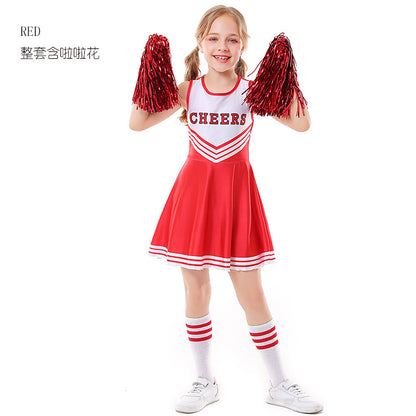 Cheerleading Costume: Dress, Leg Warmers, and Pom-Poms