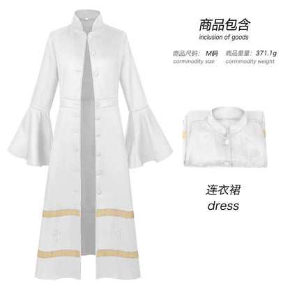 Long clergy robe with collar, buttons, and trim