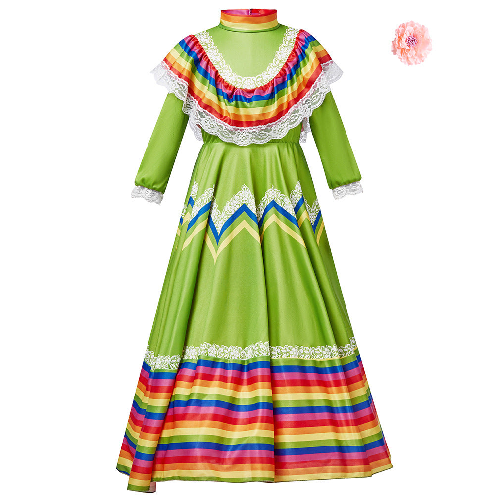 Bright folk dress with a full skirt and lace