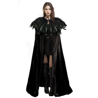 Unisex Solid Color Velvet Adult Cape with Real Natural Gothic Feather Cape