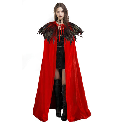 Unisex Solid Color Velvet Adult Cape with Real Natural Gothic Feather Cape