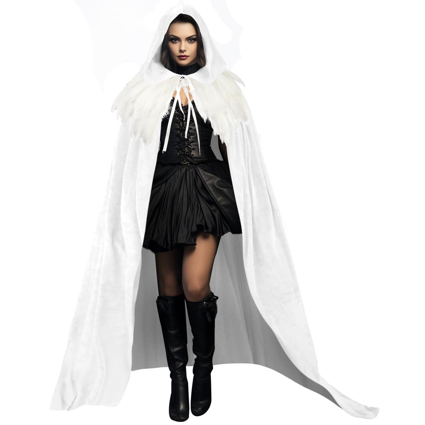 HOMELEX Unisex Solid Velvet Adult Full Length Hooded Robe Cape with Classic Gothic Feather Cloak Suit