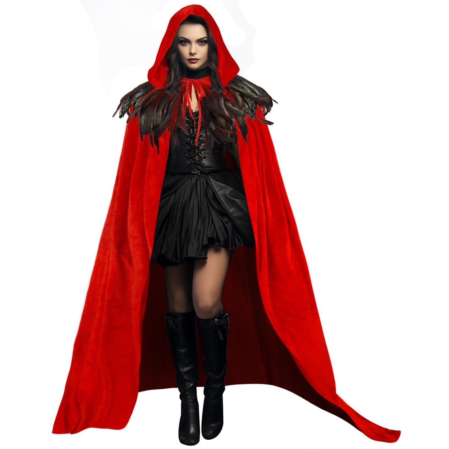 HOMELEX Unisex Solid Velvet Adult Full Length Hooded Robe Cape with Classic Gothic Feather Cloak Suit