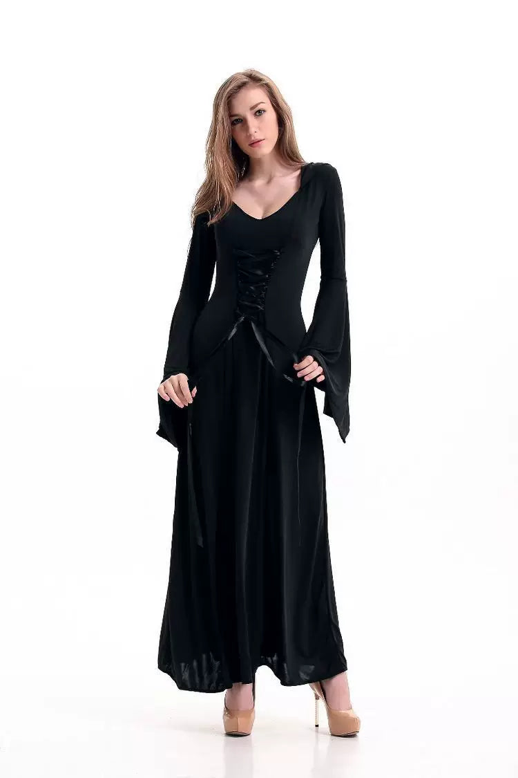 Long black dress with flared sleeves