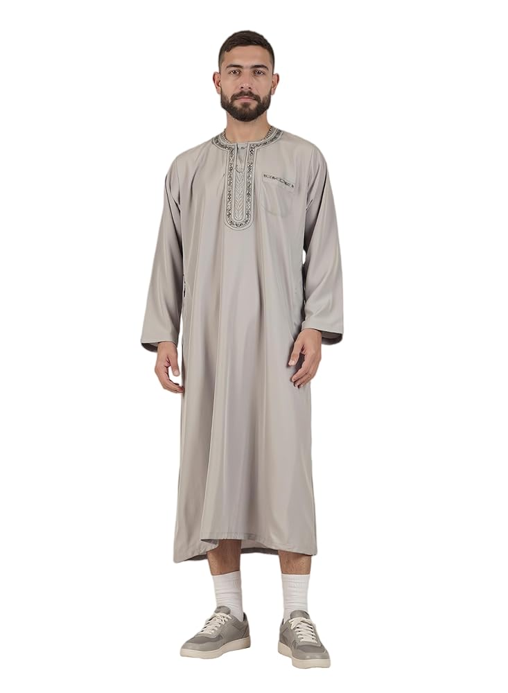 Modest Traditional Long Embroidered Robe, Loose Full-Length Design, Long Sleeves, Collarless Round Neck, Religious and Cultural Wear