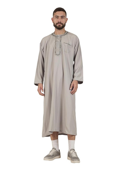 Modest Traditional Long Embroidered Robe, Loose Full-Length Design, Long Sleeves, Collarless Round Neck, Religious and Cultural Wear