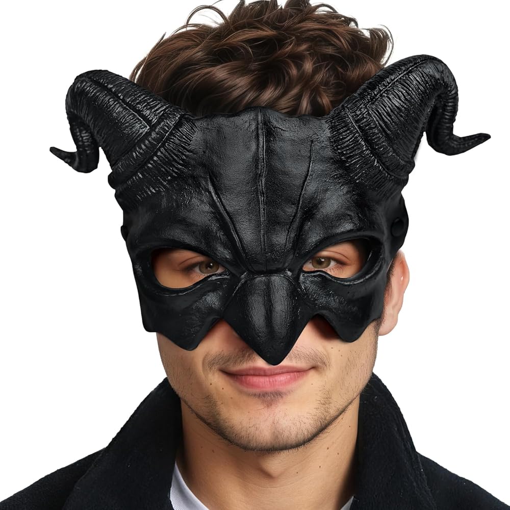 1pc Halloween Horned Demon Half Face Mask, Black Sculpted Design for Cosplay Party