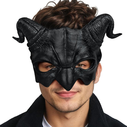 1pc Halloween Horned Demon Half Face Mask, Black Sculpted Design for Cosplay Party