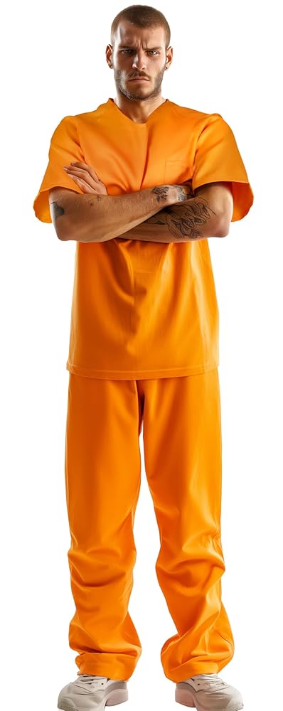 Men's Orange Prison Costume Two-Piece Set, Short-Sleeve Top With Chest Pocket And Matching Long Pants For Role Play