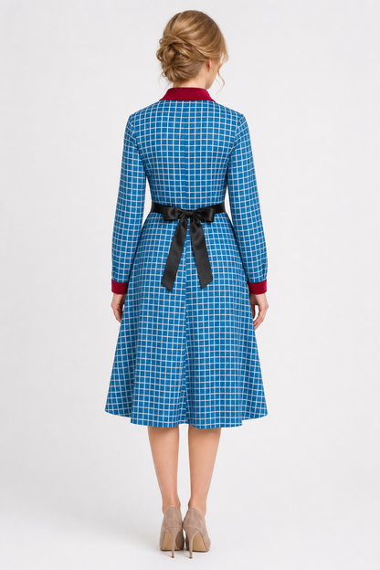 Esther from Orphan cosplay dress in blue plaid back view 2