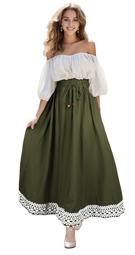 Long olive A-line skirt with lace