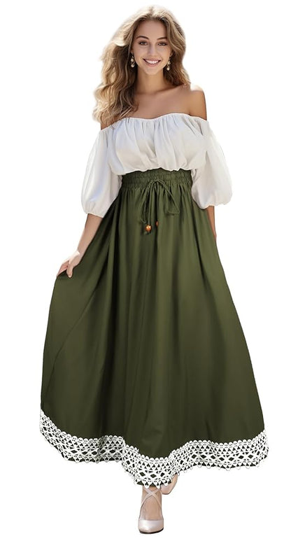 Long olive A-line skirt with lace
