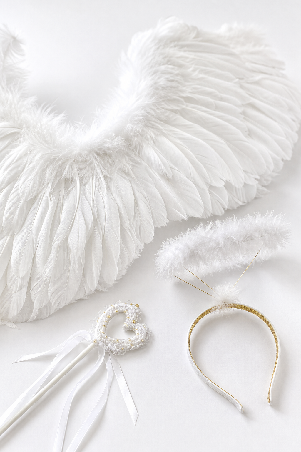 White angel wings with feathers, headband, and wand
