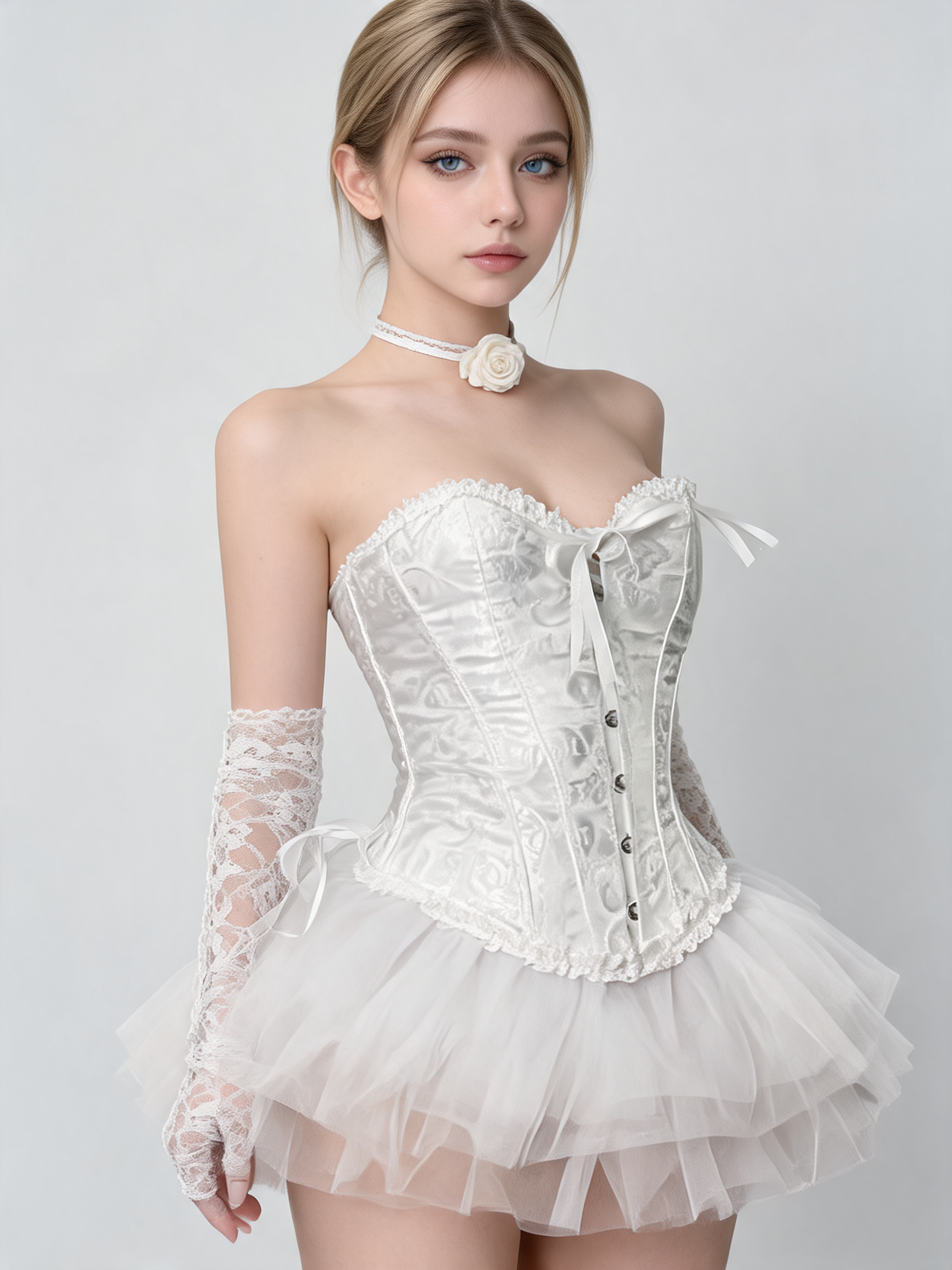 White costume with a full skirt and gloves for a masquerade