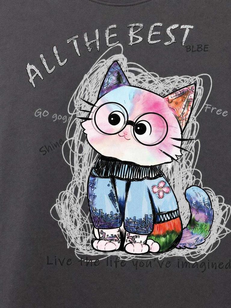 Relaxed-Fit Cat Print T-Shirt, Charcoal Gray, Summer