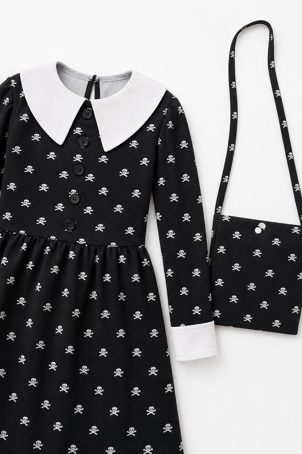Gothic Carnival Dress with Skulls and Bag