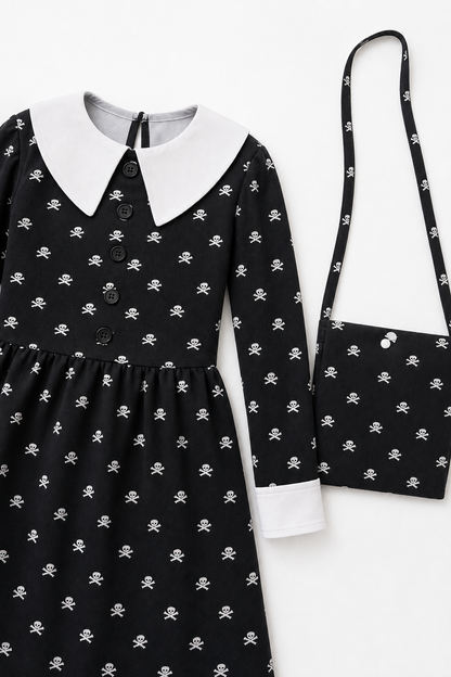 Gothic Carnival Dress with Skulls and Bag