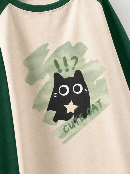 Oversized Raglan T-Shirt with Cat Print for Everyday Wear