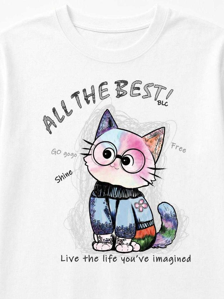 White short-sleeve T-shirt with a party print
