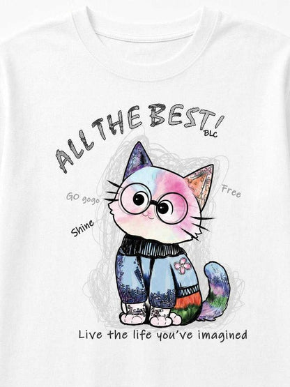 White short-sleeve T-shirt with a party print
