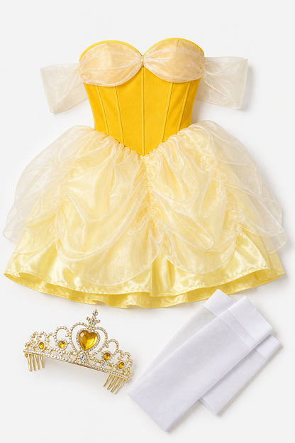 Golden princess dress with crown and white stockings