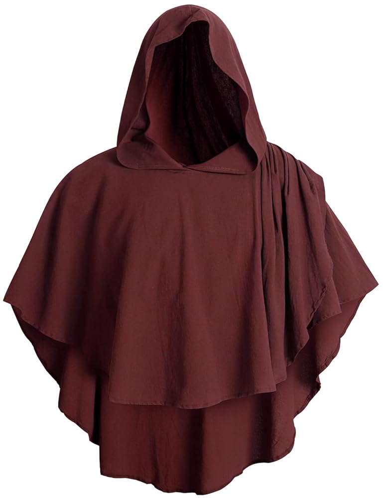 Hooded Cloak Halloween Costume, 1pc Dark Red Medieval Fantasy Cape With Attached Hood, Draped Sleeves And Layered Panels For Cosplay
