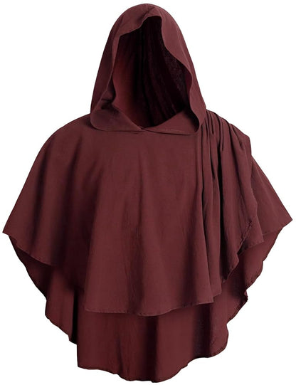 Hooded Cloak Halloween Costume, 1pc Dark Red Medieval Fantasy Cape With Attached Hood, Draped Sleeves And Layered Panels For Cosplay