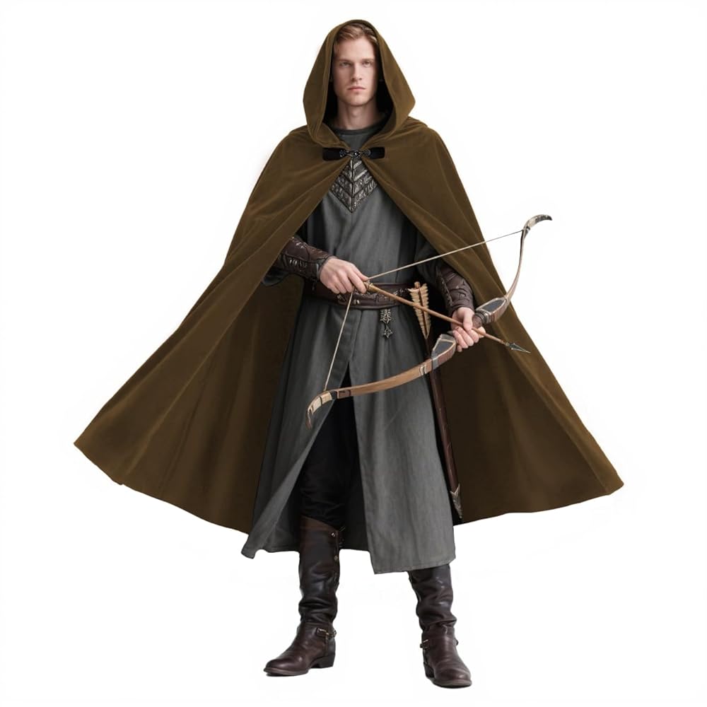 Medieval Fantasy Long Hooded Cloak with Oversized Hood, Flared Open Front Cape for Cosplay Costume Parties and Themed Events