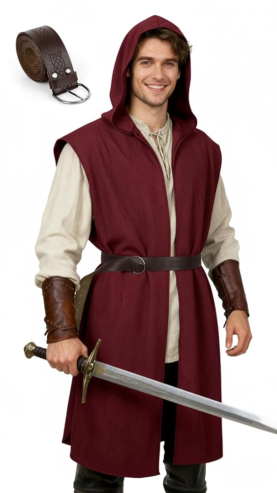 Medieval Fantasy Cosplay Costume Sleeveless Hooded Burgundy Robe Vest, Long Open Front Outer Garment for Role Play Stage Performance