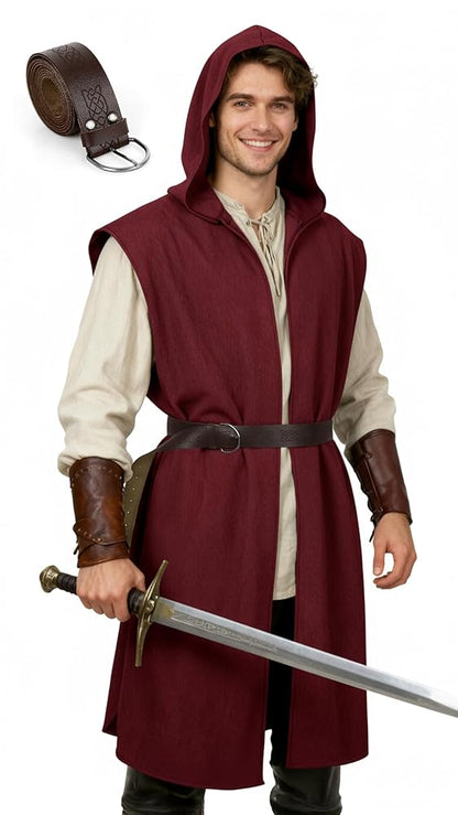 Medieval Fantasy Cosplay Costume Sleeveless Hooded Burgundy Robe Vest, Long Open Front Outer Garment for Role Play Stage Performance
