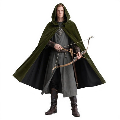 Medieval Fantasy Long Hooded Cape with Oversized Hood, Velvety-Look Green Exterior and Black Lining for Cosplay Events