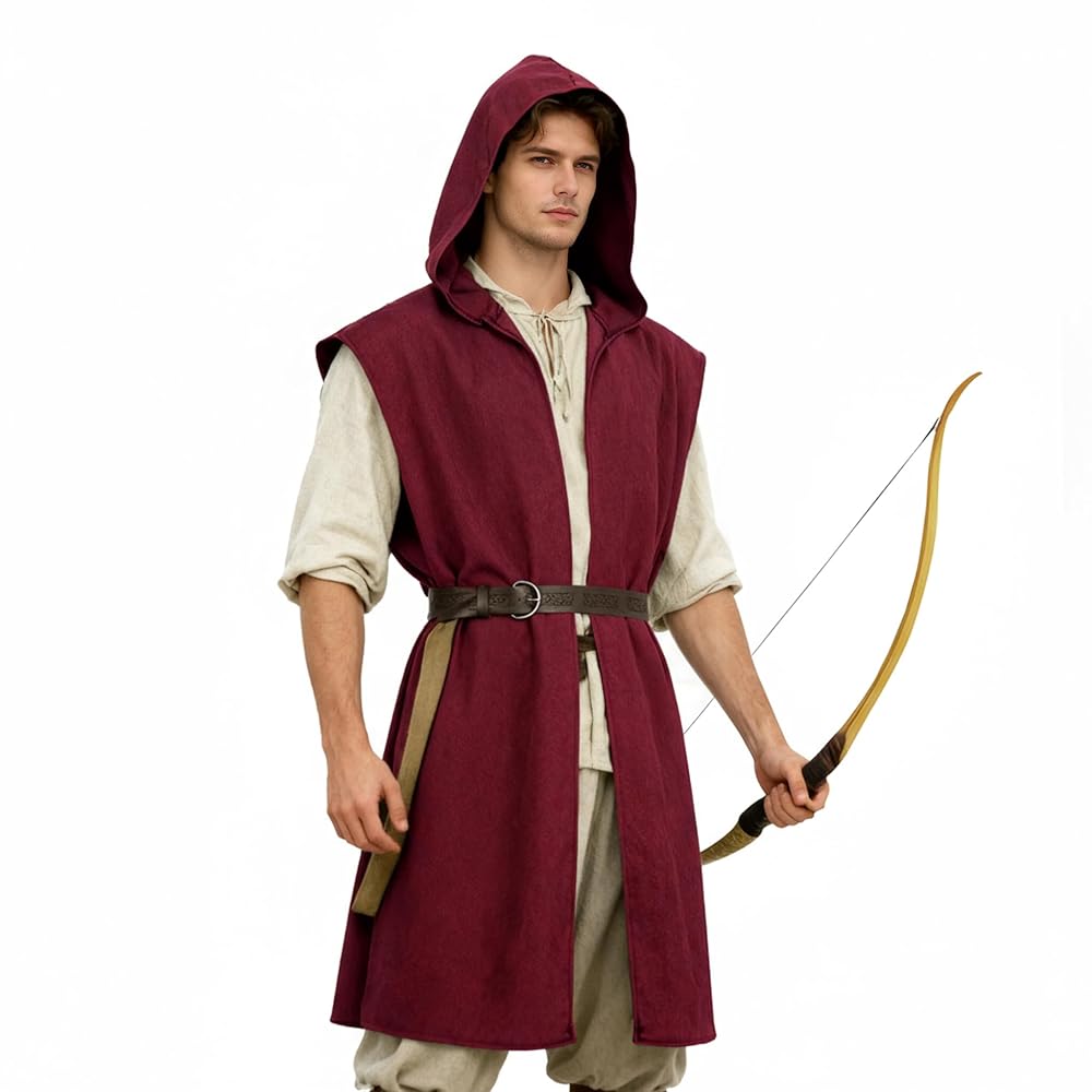 Medieval Fantasy Cosplay Costume Sleeveless Hooded Burgundy Robe Vest, Long Open Front Outer Garment for Role Play Stage Performance